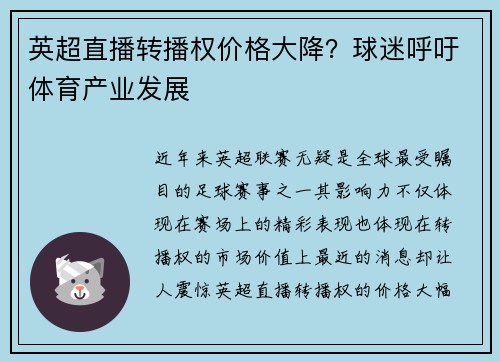 英超直播转播权价格大降？球迷呼吁体育产业发展